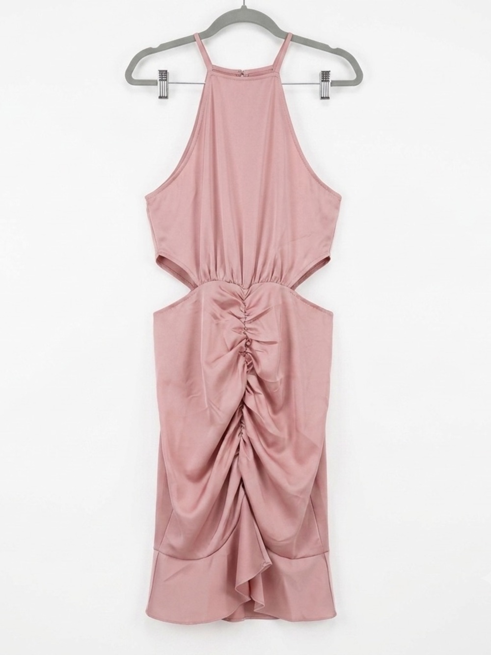 AREA Dusty Rose Cutout Halter Midi Dress with Ruched Front